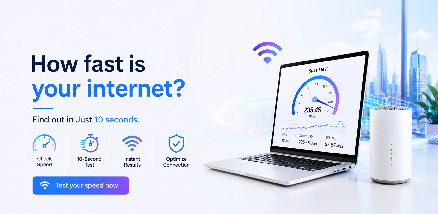 Internet speed test meter showing download speed, upload speed and ping results on a laptop in Dubai UAE